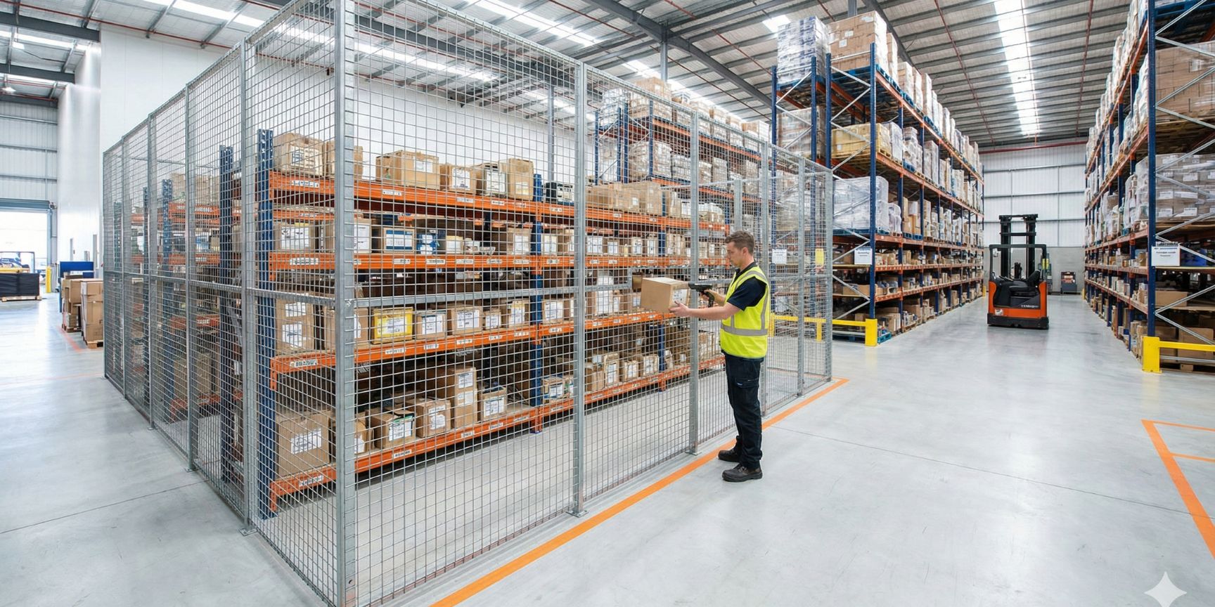 Abgetrenntes Konsignationslager innerhalb einer großen Logistikhalle, in dem ein Lagermitarbeiter Ware aus einem Regal entnimmt und scannt.